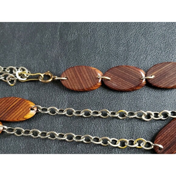 Vintage Extra Long Oval Wood Disc & Chain Boho Bohemian Layer Necklace - Picture 4 of 5